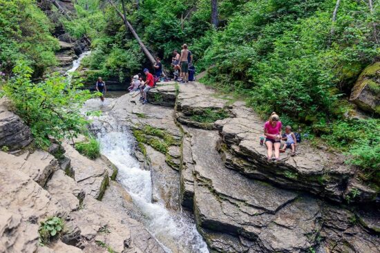 people near a stream in nature